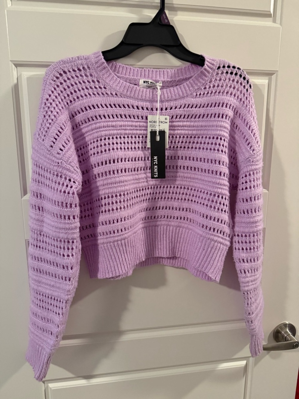 Nordstrom Lilac Open-Knit Cropped Crewneck Sweater
